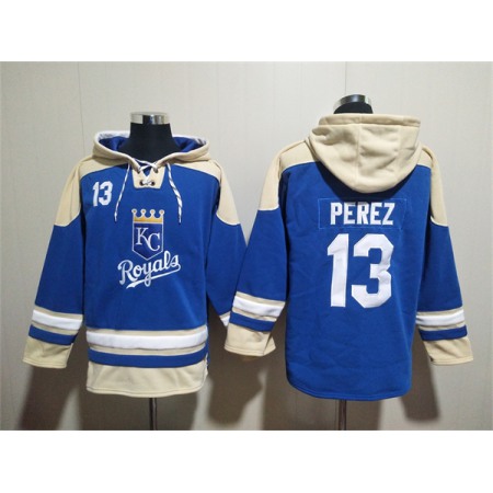 Men's Kansas City Royals #13 Salvador Perez Blue Ageless Must-Have Lace-Up Pullover Hoodie