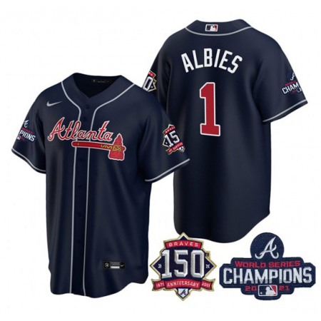 Men's Atlanta Braves #1 Ozzie Albies 2021 Navy World Series Champions With 150th Anniversary Patch Cool Base Stitched Jersey