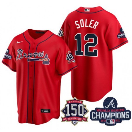 Men's Atlanta Braves #12 Jorge Soler 2021 Red World Series Champions With 150th Anniversary Patch Cool Base Stitched Jersey