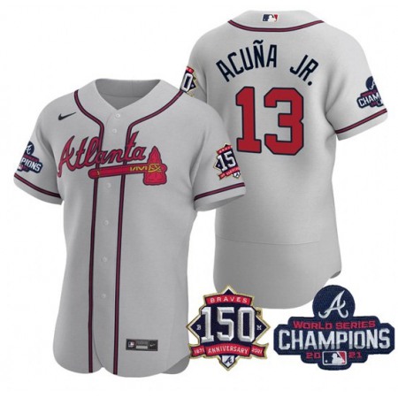 Men's Atlanta Braves #13 Ronald Acuna Jr. 2021 Grey World Series Champions With 150th Anniversary Flex Base Stitched Jersey