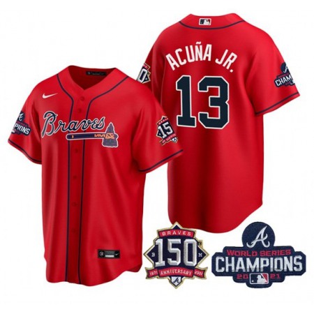 Men's Atlanta Braves #13 Ronald Acuna Jr. 2021 Red World Series Champions With 150th Anniversary Patch Cool Base Stitched Jersey