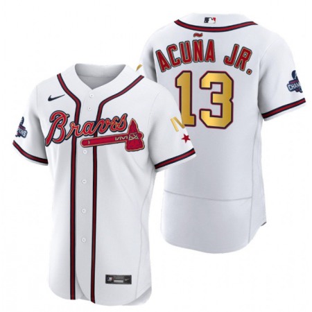 Men's Atlanta Braves #13 Ronald Acuna Jr. White Gold World Series Champions Flex Base Stitched Jersey