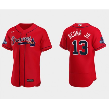 Men's Atlanta Braves #13 Ronald Acuna Jr. 2021 Red World Series Champions Flex Base Stitched Jersey