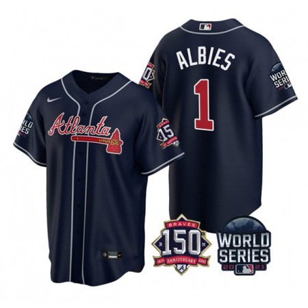 Men's Atlanta Braves #1 Ozzie Albies 2021 Navy World Series With 150th Anniversary Patch Cool Base Stitched Jersey