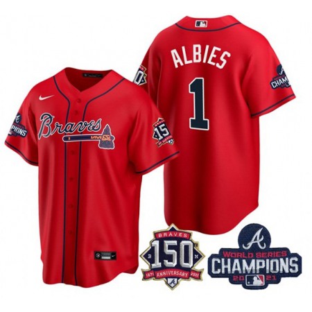 Men's Atlanta Braves #1 Ozzie Albies 2021 Red World Series Champions With 150th Anniversary Patch Cool Base Stitched Jersey