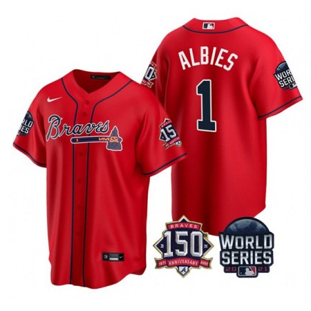 Men's Atlanta Braves #1 Ozzie Albies 2021 Red World Series With 150th Anniversary Patch Cool Base Stitched Jersey