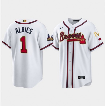 Men's Atlanta Braves #1 Ozzie Albies 2022 White/Gold World Series Champions Program Cool Base Stitched Baseball Jersey