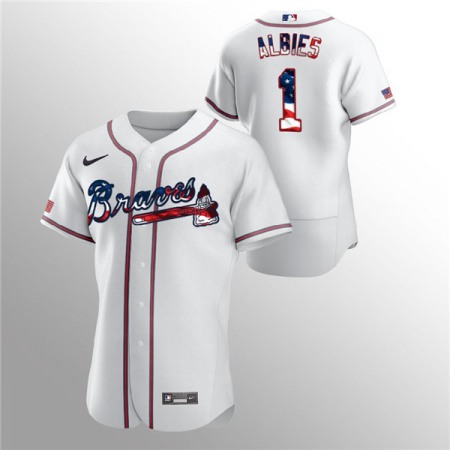 Men's Atlanta Braves #1 Ozzie Albies White 2020 Stars & Stripes Flex Base Stitched Jersey