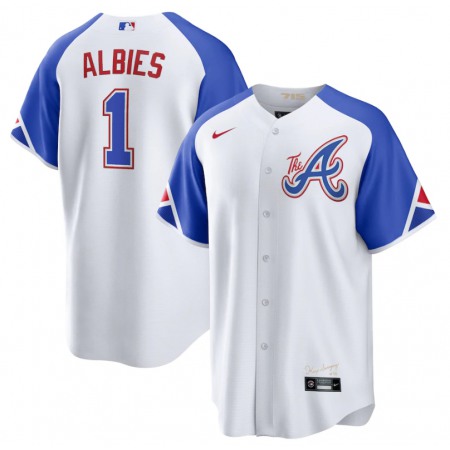 Men's Atlanta Braves #1 Ozzie Albies White 2023 City Connect Cool Base Stitched Baseball Jersey