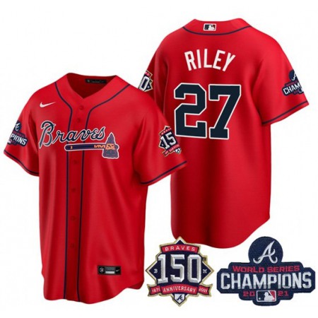 Men's Atlanta Braves #27 Austin Riley 2021 Red World Series Champions With 150th Anniversary Patch Cool Base Stitched Jersey