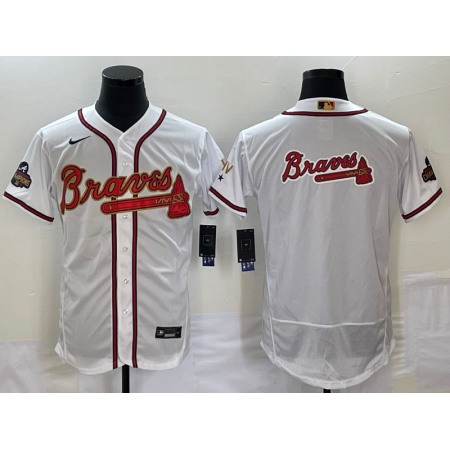 Men's Atlanta Braves 2022 White Gold World Series Champions Program Team Big Logo Flex Base Stitched Jersey