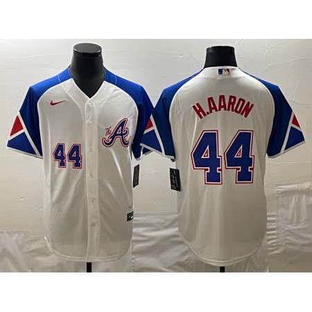 Men's Atlanta Braves #44 Hank Aaron White 2023 City Connect Cool Base With Patch Stitched Baseball Jersey