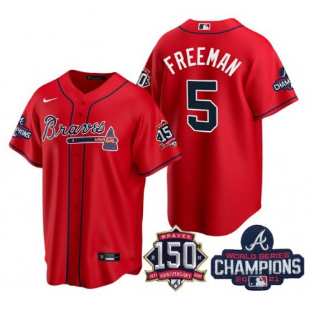 Men's Atlanta Braves #5 Freddie Freeman 2021 Red World Series Champions With 150th Anniversary Patch Cool Base Stitched Jersey