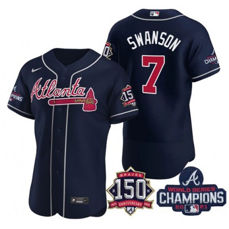 Men's Atlanta Braves #7 Dansby Swanson 2021 Navy World Series Champions With 150th Anniversary Flex Base Stitched Jersey