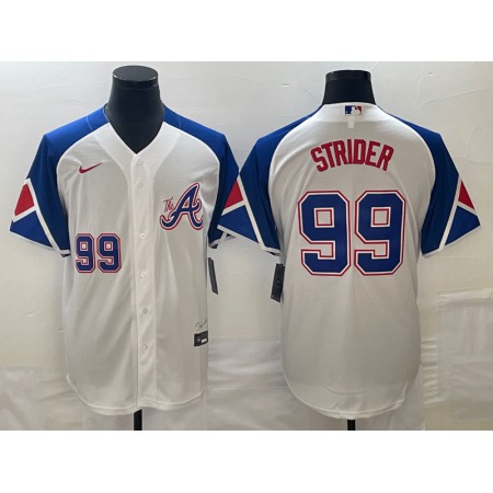 Men's Atlanta Braves #99 Spencer Strider White 2023 City Connect Cool Base With Patch Stitched Baseball Jersey