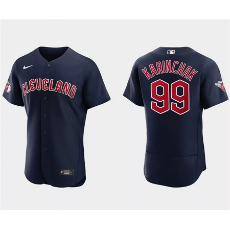 Men's Cleveland Guardians #99 James Karinchak Navy Flex Base Stitched Jersey