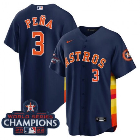 Men's Houston Astros #3 Jeremy Pena Navy 2022 World Series Champions Cool Base With No. in Front Stitched Baseball Jersey