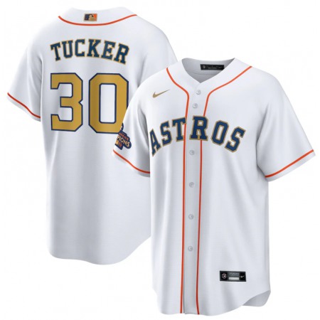 Men's Houston Astros #30 Kyle Tucker White 2023 Gold Collection With World Serise Champions Patch Cool Base Stitched Baseball Jersey