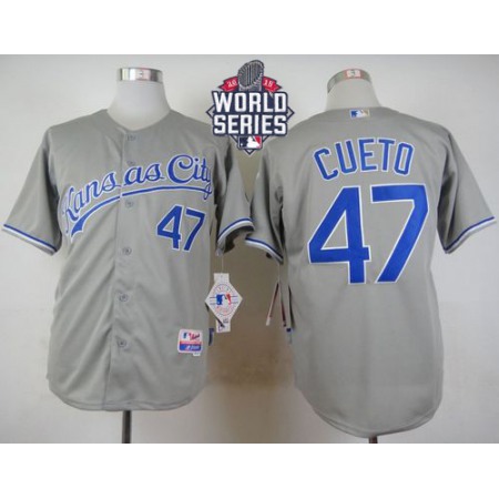 Royals #47 Johnny Cueto Grey Cool Base W/2015 World Series Patch Stitched MLB Jersey