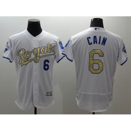 Royals #6 Lorenzo Cain White 2015 World Series Champions Gold Program FlexBase Authentic Stitched MLB Jersey