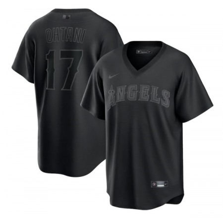 Men's Los Angeles Angels #17 Shohei Ohtani Black Pitch Black Fashion Replica Stitched Jersey