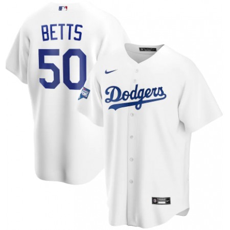 Men's Los Angeles Dodgers #50 Mookie Betts White 2020 World Series Champions Home Patch Cool Base Stitched Jersey