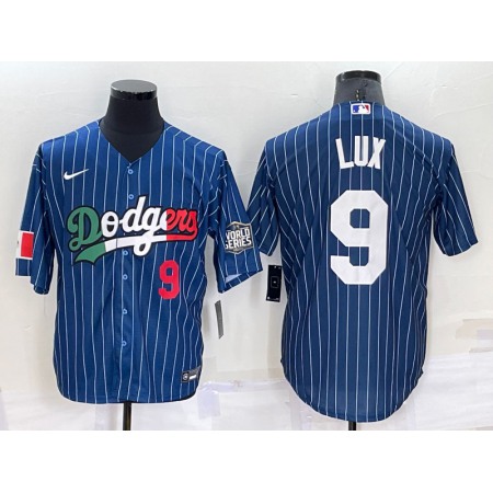 Men's Los Angeles Dodgers #9 Gavin Lux Navy Mexico World Series Cool Base Stitched Baseball Jersey