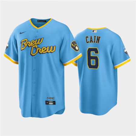 Men's Milwaukee Brewers #6 Lorenzo Cain 2022 Powder Blue City Connect Cool Base Stitched Jersey