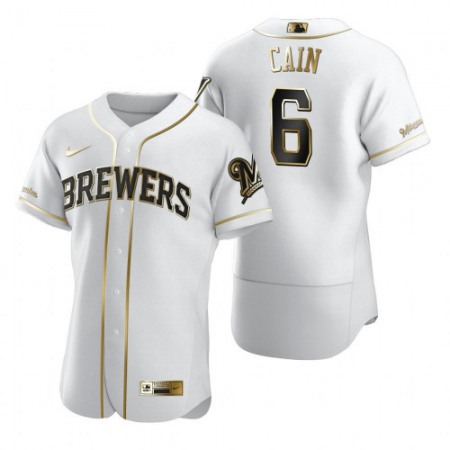 Men's Milwaukee Brewers #6 Lorenzo Cain Blank 2020 White Golden Flex Base Stitched MLB Jersey