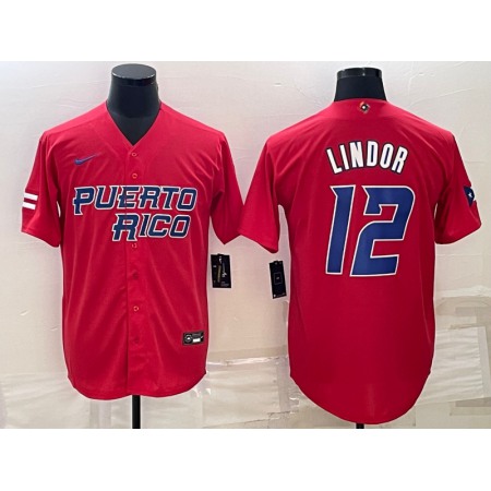 Men's Puerto Rico Baseball #12 Francisco Lindor 2023 Red World Baseball Classic Stitched Jersey