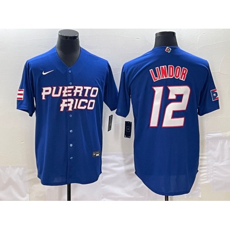 Men's Puerto Rico Baseball #12 Francisco Lindor 2023 Royal World Baseball Classic Stitched Jersey