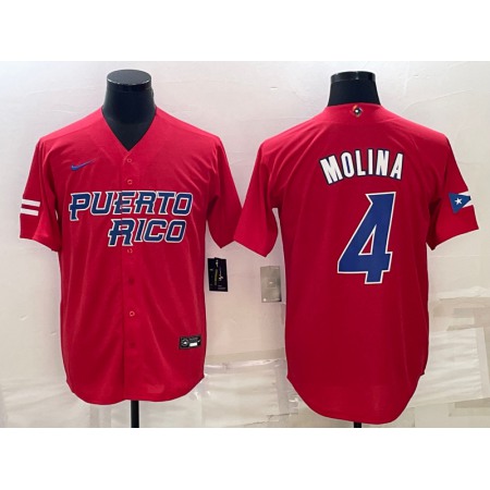 Men's Puerto Rico Baseball #4 Yadier Molina 2023 Red World Baseball Classic Stitched Jersey