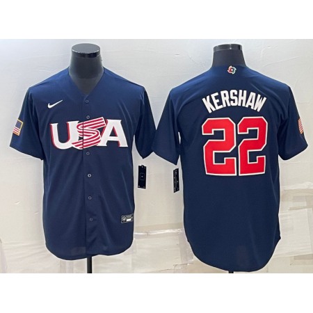 Men's USA Baseball #22 Clayton Kershaw 2023 Navy World Baseball Classic Stitched Jersey