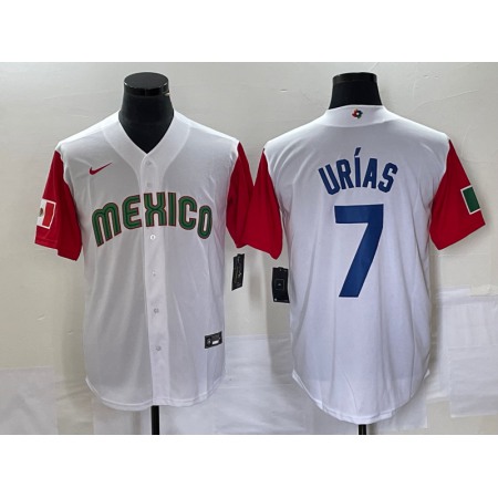 Men's Mexico Baseball #7 Julio Urias 2023 White Red World Baseball With Patch Classic Stitched Jersey