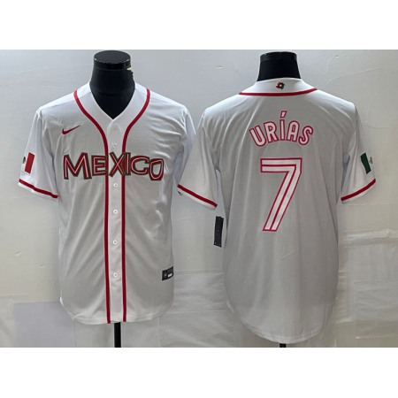 Men's Mexico Baseball #7 Julio Urias 2023 White World Baseball With Patch Classic Stitched Jersey