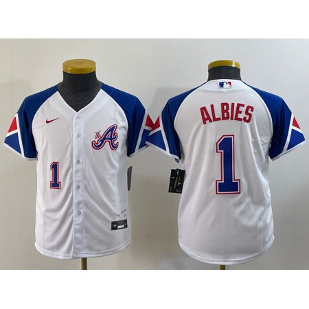 Women's Atlanta Braves #1 Ozzie Albies White 2023 City Connect With Patch Stitched Baseball Jersey(Run Small)