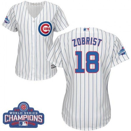 Cubs #18 Ben Zobrist White(Blue Strip) Home 2016 World Series Champions Women's Stitched MLB Jersey