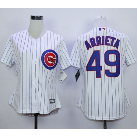 Cubs #49 Jake Arrieta White(Blue Strip) Home Women's Stitched MLB Jersey