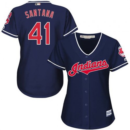 indians #41 Carlos Santana Navy Blue Women's Alternate Stitched MLB Jersey