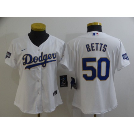 Women's Los Angeles Dodgers #50 Mookie Betts White Gold Championship Cool Base Stitched Jersey(Run Small)