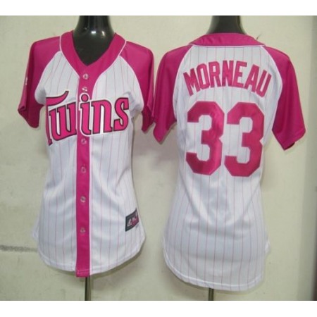 Twins #33 Justin Morneau White/Pink Women's Splash Fashion Stitched MLB Jersey