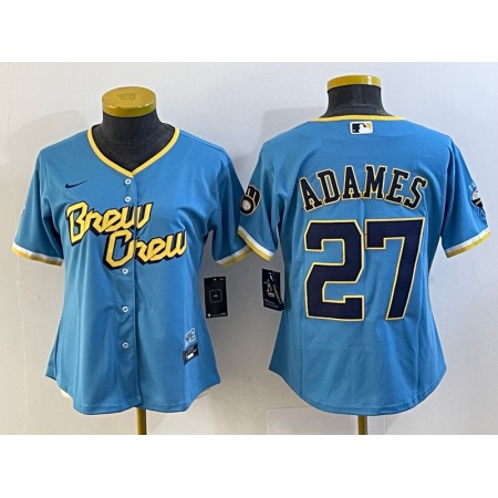 Women's Milwaukee Brewers #27 Willy Adames 2022 Powder Blue City Connect Cool Base Stitched Jersey(Run Small)