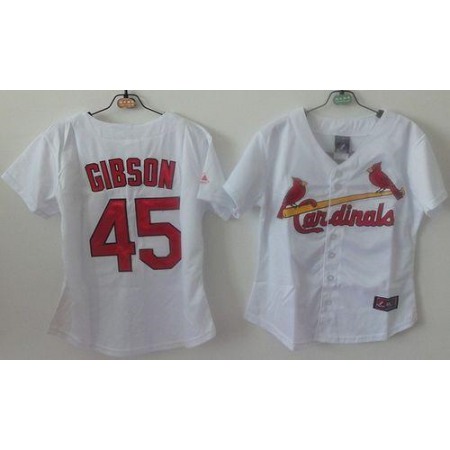 Cardinals #45 Bob Gibson White Women's Home Stitched MLB Jersey