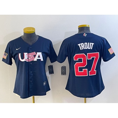 Women's USA Baseball #27 Mike Trout 2023 Navy World Baseball Classic Stitched Jersey(Run Small)