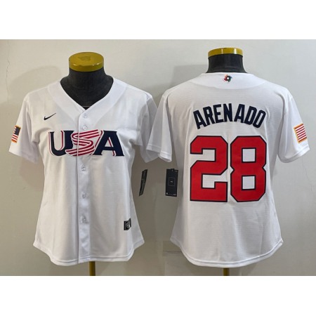 Women's USA Baseball #28 Nolan Arenado 2023 White World Baseball Classic Stitched Jersey(Run Small)