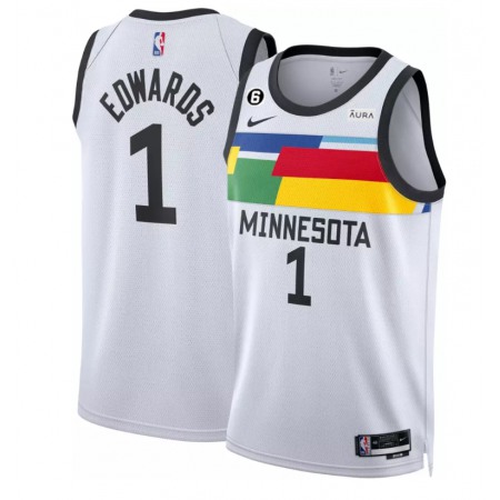 Men's Minnesota Timberwolves #1 Anthony Edwards White 2022/23 City Edition With NO.6 Patch Swingman Stitched Jersey