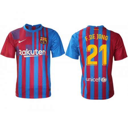 Men's Barcelona #21 Frenkie de Jong 2021/22 Red Blue Home Soccer Jersey