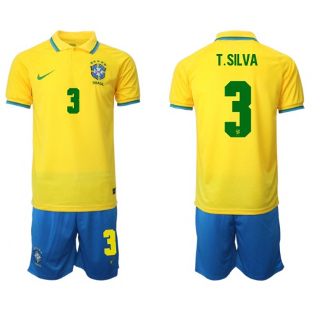 Men's Brazil #3 T. Silva Yellow Home Soccer Jersey Suit