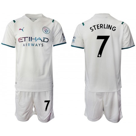 Men's Manchester City #7 Raheem Sterling 2021/22 White Away Soccer Jersey Suit