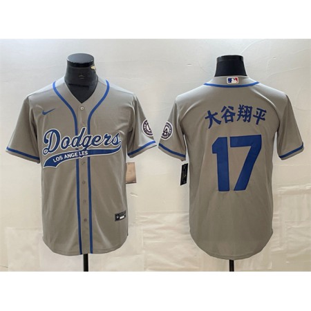 Men's Los Angeles Dodgers #17 Shohei Ohtani Grey Cool Base With Patch Stitched Baseball Jersey